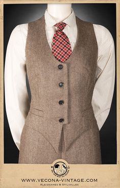 "This menswear inspired waistcoat is masterfully fitted and hugs your female curves like a dream! Paired with the matching trousers you achieve the fabulous lady dandy look Marlene Dietrich rocked in the 1930s. Delicate details like the two welt pockets and a patch pocket provide room for a pocket square to refine the look even further. The back strap allows for width adjustment at the waist to fit your shape perfectly! In case you feel even more adventurous wear it with our matching MRS. GOODWO Fitted Herringbone Vest For Fall, Fitted Single-breasted Tweed Vest, Fitted Tweed Vest With Herringbone Pattern, Fitted Wool Vest With Notch Lapel, Fitted Tweed Vest For Fall, Fitted Tweed Vest For Winter, Vintage Tweed Vest For Work, Brown Wool Vest For Tailoring, Tailored Brown Tweed Vest