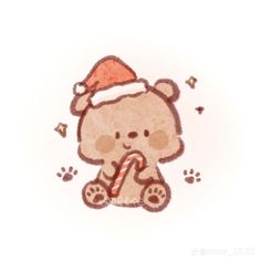 a drawing of a teddy bear wearing a santa hat and holding a candy cane in its paws