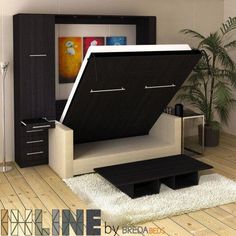 a living room with a bed that is open and has a tv on top of it