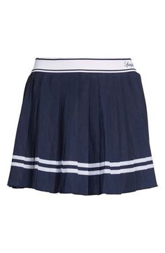 A logo-jaquard waistband brings signature sporty flair to this elevated pleated miniskirt. 14" center front length; 2 1/2" inseam; 19" leg opening (size Medium) Elastic waist Partially lined 94% polyester, 6% elastane Machine wash, dry flat Imported Asian & Pacific Islander Owned/Founded Sporty Mini Skirt With Pleated Hem, Sporty Pleated Mini Skirt For Cheerleading, Sporty Relaxed Pleated Skirt, Sporty Fitted Skirt With Pleated Hem, Sporty Pleated Skirt With Lining, Sporty Relaxed Fit Lined Pleated Skirt, Fitted Navy Tennis Skirt For Spring, Navy Lined Tennis Skirt, Navy Fitted Tennis Skirt