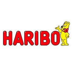 the word harbo written in red and yellow with a cartoon bear pointing at it