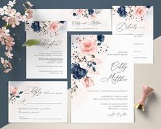 wedding stationery with flowers and calligraphy on the front, in navy blue and pink