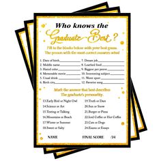 three yellow and black graduation game cards with the words, who knows the graduate boy?