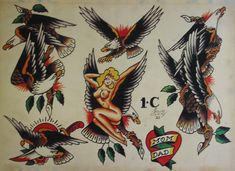 an old school tattoo flash sheet with different tattoos on the back and side of it