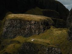 a couple of sheep standing on top of a lush green hillside next to a mountain