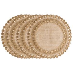 three round placemats with gold beading on them