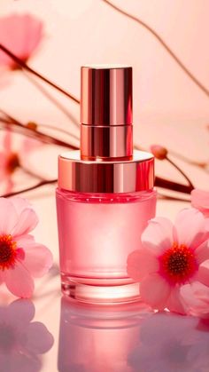 a bottle of pink perfume sitting on top of a table next to some pink flowers