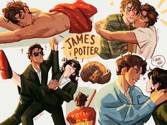 some people are doing different things with their arms around each other and one is holding a sign that says james potter