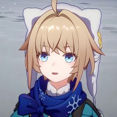 an anime character with blonde hair and blue eyes wearing a sailor's outfit in the water