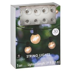 string lights with white bulbs are in the package