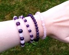 Genuine Gemstone Bracelets Amethyst Bracelet Rose Quartz | Etsy Pink Hand-strung Amethyst Jewelry, Purple Rose Quartz Round Beads Jewelry, Purple Rose Quartz Beads Jewelry, Purple Rose Quartz Gemstone Jewelry, Purple Rose Quartz Round Jewelry, Round Purple Rose Quartz Jewelry, Pink Amethyst Crystal Bracelet With Gemstone Beads, Pink Amethyst Gemstone Beaded Bracelets, Pink Amethyst Bracelets For Healing