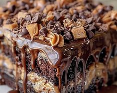 a close up of a cake on a plate with chocolate and peanut butter toppings