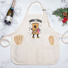 a white apron with a cartoon character on it