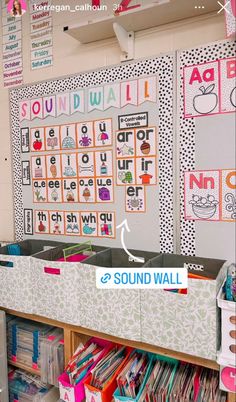 an organized classroom with lots of books and binders on the wall, labeled sound wall