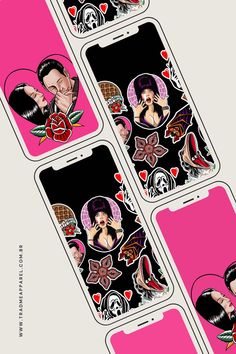 four cell phones with stickers on them showing the same woman's face as they are