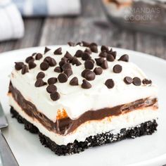 a piece of cake sitting on top of a white plate next to a knife and fork