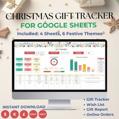 the christmas gift tracker for google sheets includes 4 sheets, 6 festive themes and 3 free printables