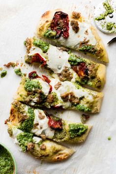 flatbread pizza with pesto, cheese and sauce