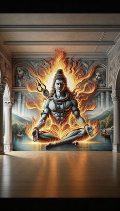 an image of a person sitting in the middle of a room with fire coming out of his body