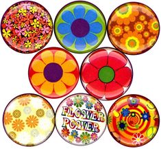 six flower power magnets are arranged in a circle