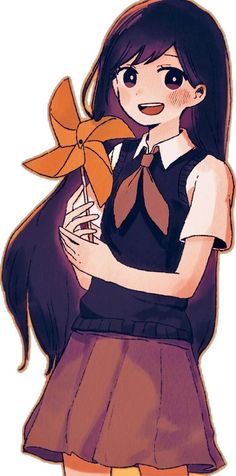 a drawing of a girl with long hair holding a pinwheel