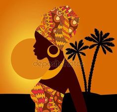 an african woman silhouetted against the sun with palm trees in the foreground and orange sky