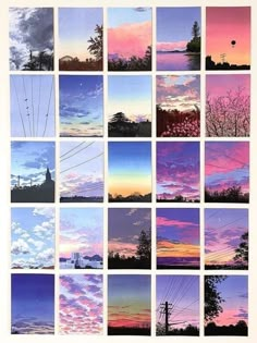 a collage of different pictures with trees and clouds