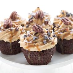 several cupcakes with frosting and pecans on top sitting on a white plate