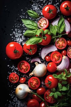 tomatoes, onions, and garlic on a black surface with salt scattered around the top