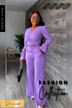 Flare Sleeve Crop Top and Wide Leg Pants Sets Stylish Tops For Women Classy, Fancy Top Design, 2 Piece Outfit Set Pants, Trouser And Top For Ladies, Classy Jumpsuit Outfits, Chiffon Styles, Two Piece Outfits Pants, Top And Wide Leg Pants, Purple Fashion Casual