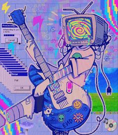 an image of a cartoon character with a guitar and sound board in his hand as if he is listening to music