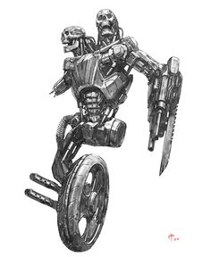 a drawing of a robot riding a motorcycle