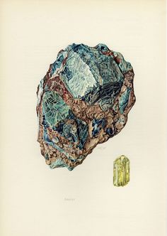 a drawing of a rock next to a piece of green and brown material on a white background