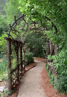 a path in the woods with an arch over it