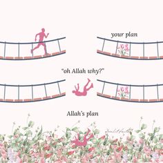 two people are walking across a bridge with pink flowers on the ground and one is falling off