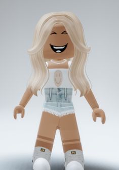 a paper doll with blonde hair and blue shorts on it's legs, standing in front of a white background