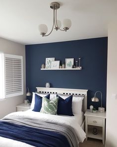 a bedroom with blue walls, white bedding and two lamps hanging from the ceiling