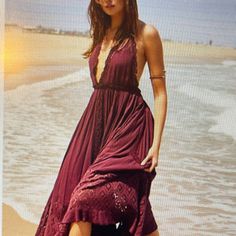 Free People Norina Maxi Dress, Plum Color. Beautiful Beach Dress Or Even Wedding Dress With Halter Style Adorned With Lace Trimming, Exposed Back, Plunge Neckline, Uneven Bottom Hem, And Cinch Tie Back Design Bohemian Halter Neck Dress For Date Night, Bohemian Halter Neck Wedding Dress, Bohemian Backless V-neck Dress, Red Bohemian A-line Maxi Dress, Free People Maxi Dress Red, Brown Bohemian V-neck Maxi Dress, Bohemian Sheer V-neck Maxi Dress, Gauze Maxi Dress, Free People Maxi