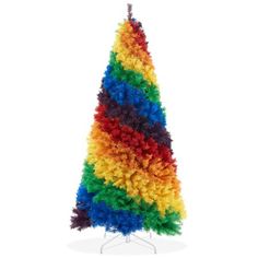 a multicolored christmas tree made out of yarn on a white stand against a white background