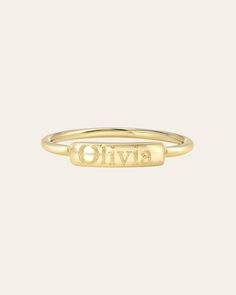 Beautifully handcrafted 14k solid gold nameplate ring engraved in block font. Uber chic and timeless, wear it solo or stacked, this custom ring is a must have. Available in 14k yellow, white, and rose gold. NOTE: Please enter up to 6 letters in the engraving box. Size of Bar: Approx. 11mm(W) by 3mm(H) 14k Solid Gold Standard Production: 7-12 business days Rush Order Production: 5-8 business days Shipping: Select shipping method at checkout. Shipped from our L.A. Studio. This item is Final Sale. Nameplate Ring, Diamond Bar Bracelet, Diamond Ear Cuff, Block Font, Gold Color Ring, Initial Pendant Necklace, Gold Engraving, Custom Ring, Personalized Rings