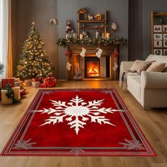 a living room decorated for christmas with a red rug and white snowflake on the floor