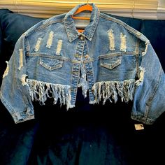 Brand New Size Large Denim Fringe Crop Top Jean Jacket Blue Cropped Outerwear With Frayed Hem, Weird Clothing, Crazy Jeans, Denim Fringe, Fringe Crop Top, Top Jean, Crazy Outfits, Jeans Tops, Fringe Jacket