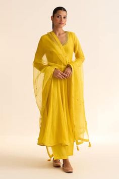 Yellow anarkali with thread embroidered floral vine motifs on neck. Comes with pant and dupatta. - Aza Fashions Yellow Anarkali, Blouse Yoke, Vine Pattern, Straight Fit Pants, Silk Kurta, Embroidered Border, Zari Work, Organza Dupatta, Kurta With Pants