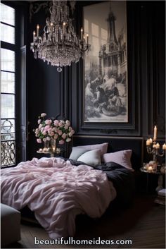 a bedroom with black walls and chandelier hanging from the ceiling, pink bedding