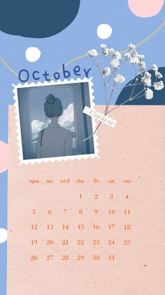 a calendar with an image of a woman and flowers on it, surrounded by polka dots