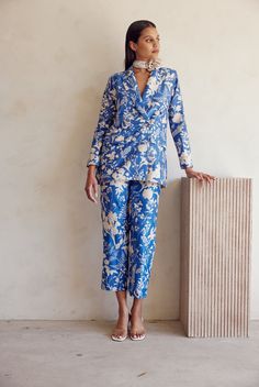 Introducing The Meadow, perfect for luxurious evening events. Channel modern romanticism in the floral printed pant suit. Seamlessly transition from day to night in a timelessly elegant ensemble, sure to be a sure favorite. Color may vary in brightness. Dash And Dot, Ritu Kumar, Embellished Skirt, Handloom Fabric, Peplum Skirt, Floral Print Pants, Straight Fit Pants, Romper And Jacket, Pant Suit