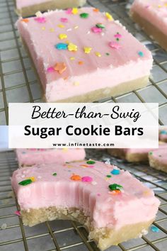 two pictures of sugar cookie bars with pink frosting and sprinkles