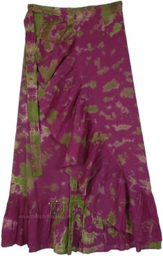 A very feminine universal long cotton wrap skirt in tie dye colors of purple and green made special with frills at the bottom, that wrap up to the waist - a very unique and fresh design. This is a wrap-around skirt so it goes around the waist and is tied on the side through a hole on the waist. #tlb #WrapAroundSkirt #vacationclothing #beachwrap #Floral #Printed #fairyskirt #fairycorefashion Bohemian Purple Ruffled Skirt, Cotton Hippie Wrap Skirt For The Beach, Hippie Cotton Wrap Skirt For Beach, Purple Cotton Beach Skirt, Cotton Wrap Skirt, Fairycore Fashion, Beach Floral, Purple Wrap, Desired Reality