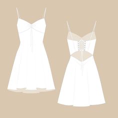 the back and side views of a white dress with laces on it, which is cut