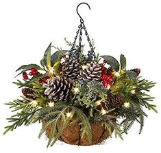 a potted plant with pine cones and greenery hanging from it's hooks